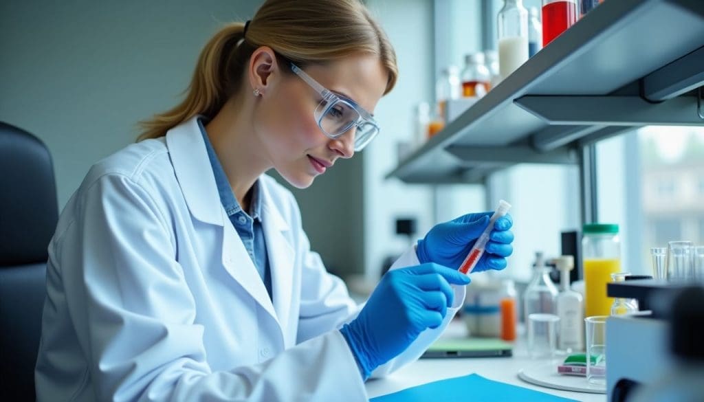 Medical lab technician analyzing a urine sample with modern equipment in a professional laboratory.