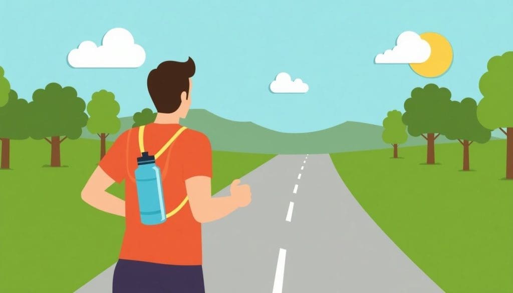 Person jogging outdoors holding a water bottle in bright sunlight.